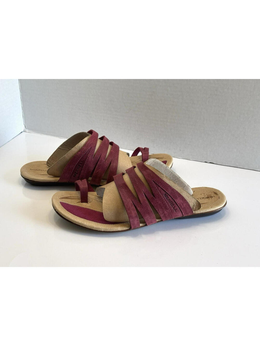 Merrell Solstice Slice Sandals Women 9 Beet Red Leather Toe Loop Comfort Slip On